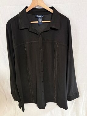 Denim&Co Black Long-Sleeve Button Down Shirt with Contrast Stitching 2X